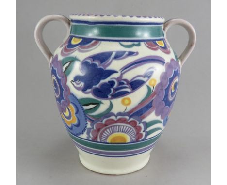 An early twentieth century Carter, Stabler, Adams Poole Pottery two-handled vase, c. 1925. It is decorated with the Blue Bird