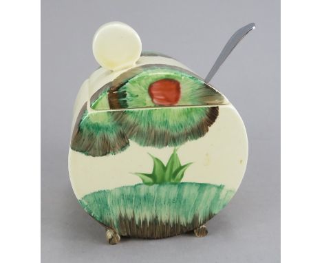 An early twentieth century Art Deco Wilkinson Pottery Clarice Cliff Aurea Bon Jour preserve pot, metal spoon and cover, c. 19