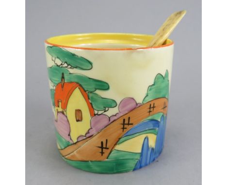 An early twentieth century Art Deco Newport Pottery Clarice Cliff Orange Roof and Bridge jam pot (no lid), c. 1933. It is han