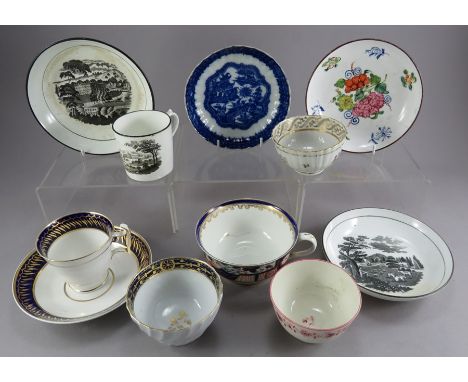 A study collection of mainly early nineteenth porcelain and earthenware, hand-painted and transfer-printed tea wares, c. 1800