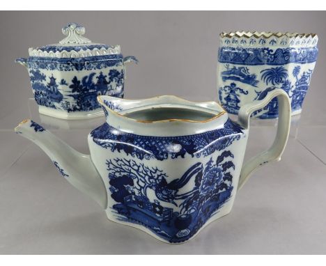 A group of three late eighteenth, early nineteenth century blue and white transfer-printed teapot and two sugar boxes, c,1790