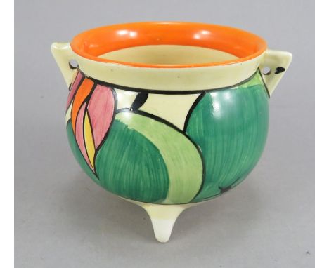 An early twentieth century Art Deco Newport Pottery Clarice Cliff tri-footed, two-handled cauldron, c. 1935. It is hand-paint