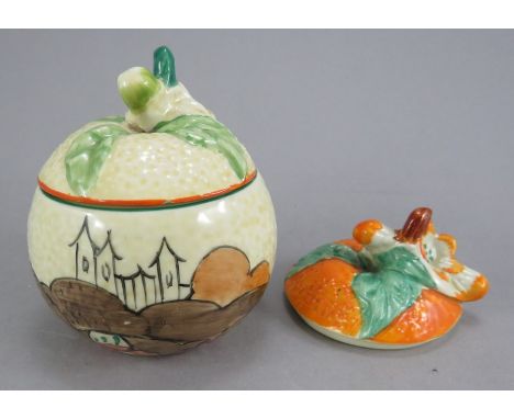 An early twentieth century Art Deco Newport Pottery Clarice Cliff Fantasque lidded preserve pot and spare lid, c. 1930. It is