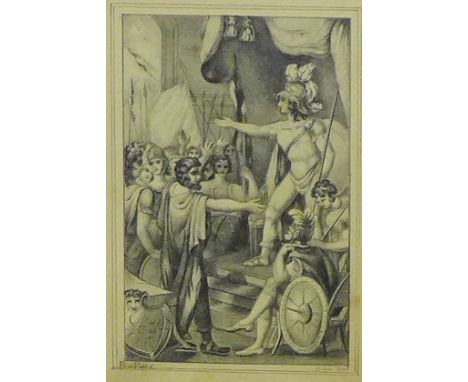 Pencil drawing of 'Scipio Africanus addressing the Roman Army',  signed indistinctly bottom left, dated 1840,  in a satinwood