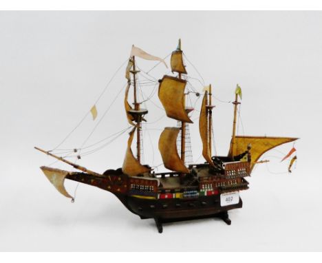 Miniature model of a triple masted sailing ship, 33cm high