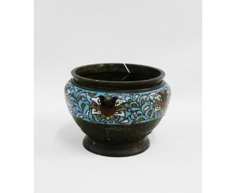 Chinese bronze bowl with Cloisonne enameled floral border and seal mark to the base, 12cm high