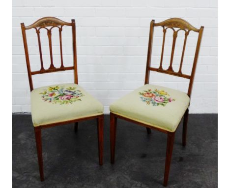 Pair of Edwardian rosewood and inlaid side chairs with tapestry upholstered seats and square tapering supports,  90 x 43cm, (