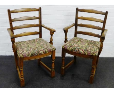 Pair of elm ladderback open armchairs with tapestry seats, 92 x 60cm, (2)