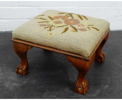 Mahogany framed stool with tapestry upholstery top, on claw and ball feet,  22 x 31cm 