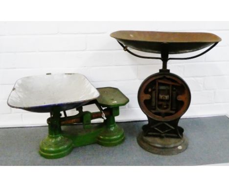 J. White &amp; Son, Auchtermuchty table top green painted scales with blue enamel pan to weigh 28lb, together with another se