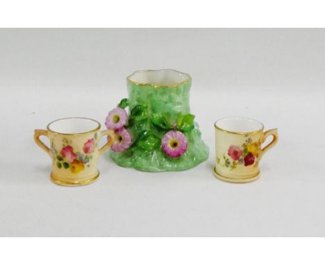 Royal Worcester blush ivory miniature loving cup and tankard, together with a Royal Worcester green glazed and floral moulded