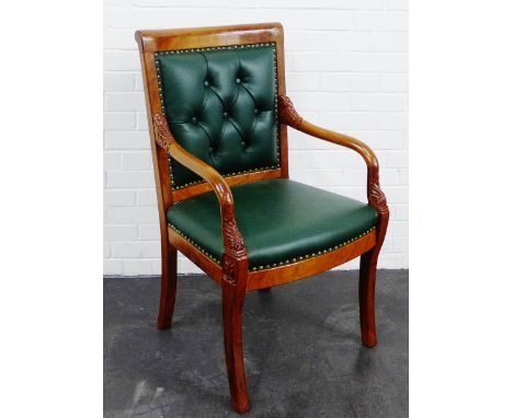 Contemporary stained hardwood desk chair with green vinyl button back upholstery, 102 x 60cm