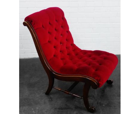 Mahogany framed slipper chair with red velvet button back upholstery, 85 x 55cm