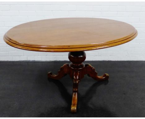 Victorian mahogany breakfast table, the oval top with moulded edge, raised on a baluster column  and carved tripod legs,  74 