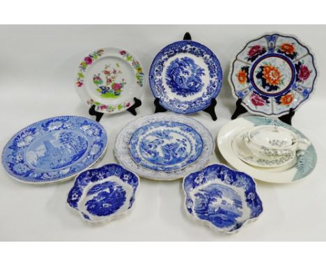 Collection of miscellaneous Staffordshire plates a miniature sauce tureen and cover with ladle, a blue and white Font Hill Ab
