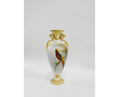 Royal China Works, Worcester blush ivory vase painted with a peacock on a branch, with twin handles to the shoulders and gilt