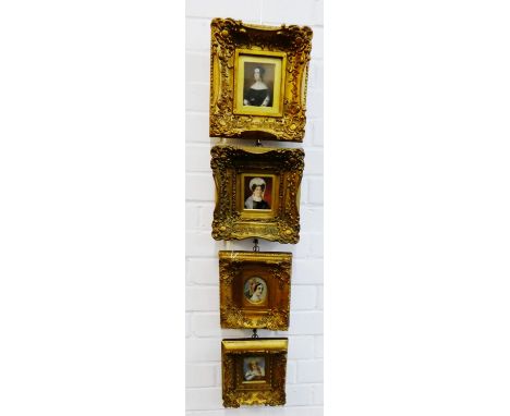 Collection of four 19th century portrait miniatures, each contained within ornate giltwood frames, largest miniature 7.5 x 10
