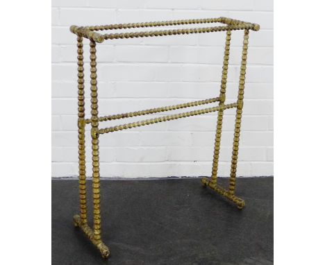 Bobbin turned and painted towel rail with distressed finish, 75 x 65cm