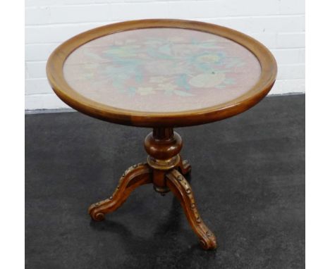 Walnut pedestal table with glazed top and tapestry insert,  54 x 60cm 