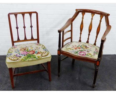 Mahogany and inlaid open armchair with upholstered tapestry seat together with a mahogany framed side chair, 91 x 62cm (2) 