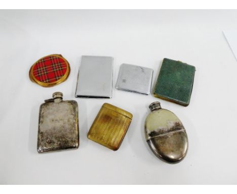 A mixed lot to include two Epns hip flasks, vintage powder compact, two chrome cigarette cases and a gilt metal case and a tr