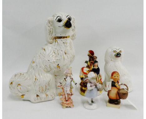 Mixed lot to include two Staffordshire Spaniels, a flatback spill vase, a Hummel figure and two others, (6) 