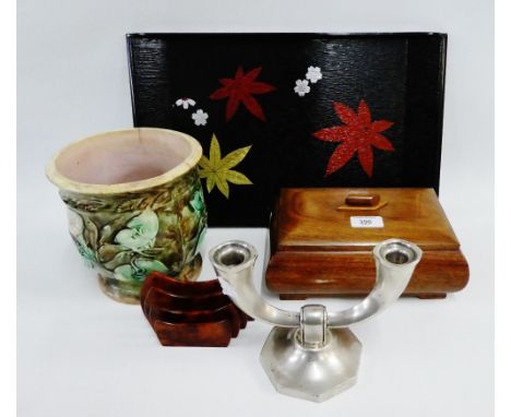 Mixed lot to include an Art Deco box, a burrwood letter rack, a Majolica planter, white metal candleabra and a tray, (5) 
