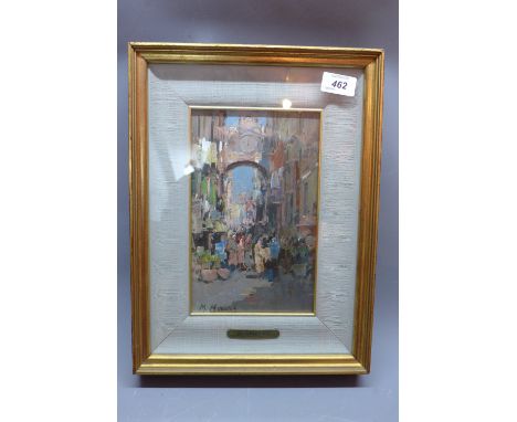 M Maresca, 20th Century town scene, oil on board, 24cm x 15cm