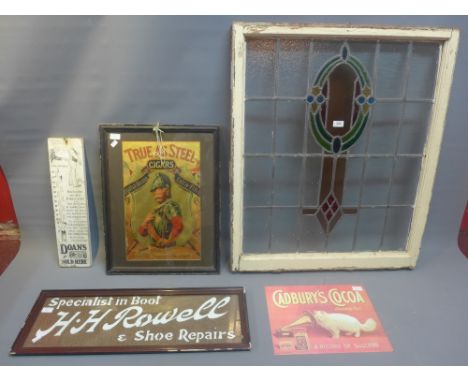 A standard leaded glass panel in white painted frame together with four advertising signs