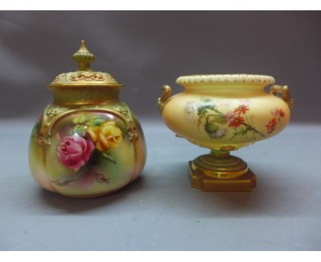 A Royal Worcester dressing table container with lid. H.12cm together with a Royal Worcester campana urn. H.9cm 