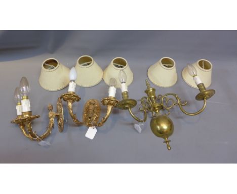 Pair of two light ormolu wall sconces, together with a brass wall sconce, two scrolling arms (3)