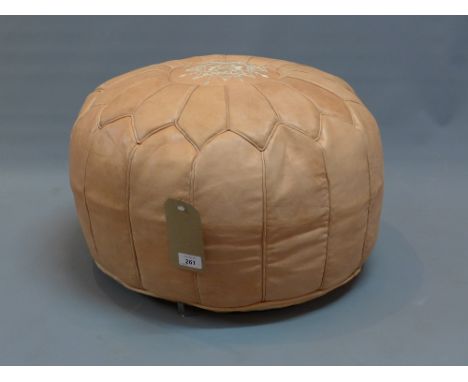 Moroccan leather pouffe, embroided foliate star design to top, approx. H. 32cm  