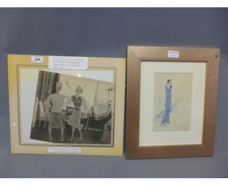 A 1930's watercolour of a lady together with a 1940's pencil sketch