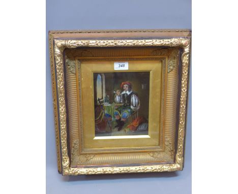 A continental oil on metal panel depicting a man looking out of a window smoking a pipe. In giltwood frame. 19x16cm 