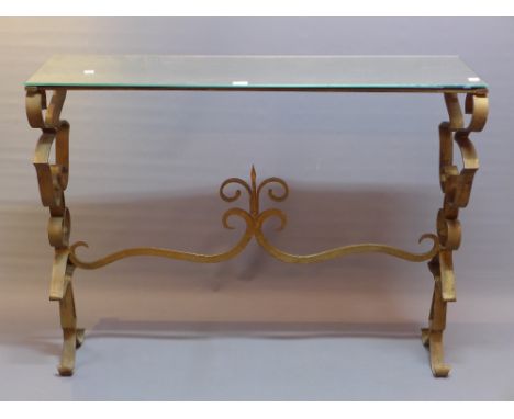 A French designer console table, with mirrored top over scrolling gilt metal base, W:120cm W:33cm D:44cm