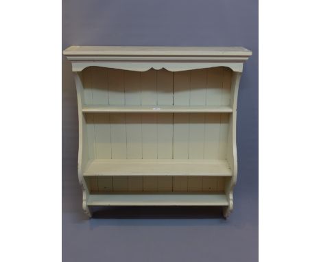 A grey painted wall hanging shelf unit, W:90cm D:21cm H:100cm