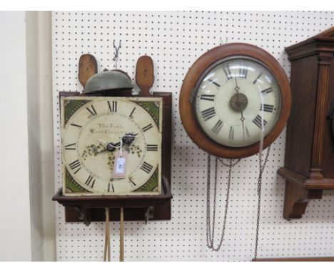 A late 18th century/early 19th century 30-hour cottage wall clock, 10in. square painted dial signed Tho. Fowle, East Grinstea