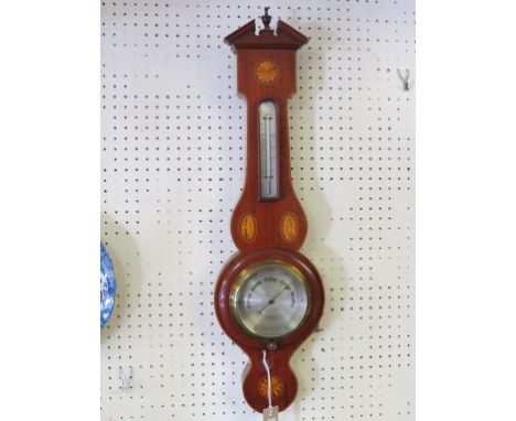 A George III-style inlaid mahogany wheel barometer, silvered dial signed Ross, 111 New Bond Street, architectural pediment, 2