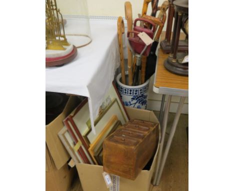 A pair of watercolours, by John Wells-Deamer, other pictures, various walking sticks within porcelain stick-stand, etc.