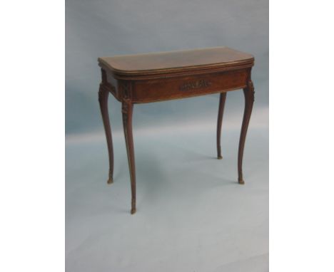 A French transitional-style mahogany and parquetry card table, D-shape top with inlaid lozenge design and kingwood cross band