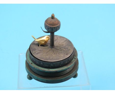 A singing bird automaton, gilt-metal cage enclosing revolving globe timepiece, 5.5in.