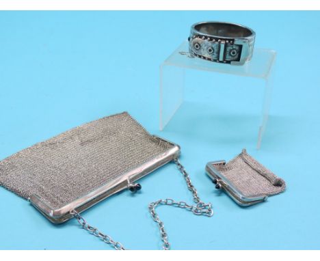 A silver mesh evening purse, with blue stone acorn clips, and a near-matching miniature silver mesh evening purse, approx. 7o