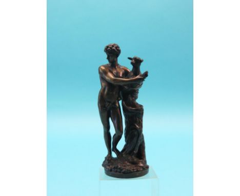 A 19th century patinated bronze sculpture, young male carrying lamb, unsigned, 9in., together with a small brass carriage tim