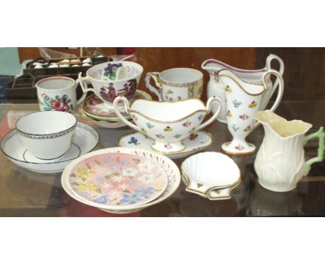 A Minton's small cream jug and sugar basin painted with sprays of flowers, a small Belleek jug and other ceramics.