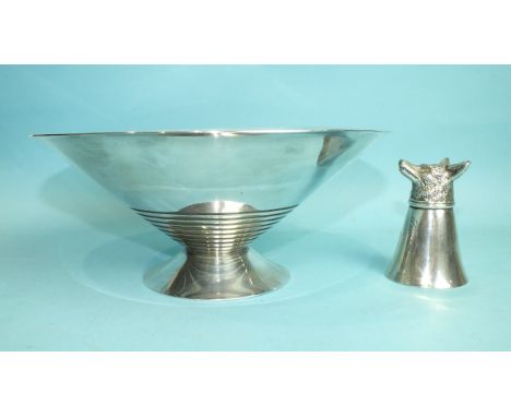 A silver-plated stirrup cup modelled as a fox's head, 8cm high and a modern silver-plated bowl of ribbed conical form, on cir