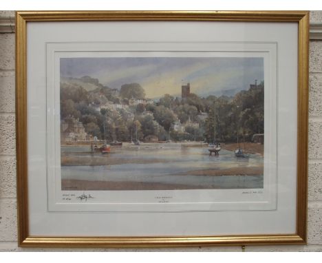 Michael D Hill, Tidal Moorings, Noss Mayo, coloured ltd edn print, 5/25, signed, inscribed and dated 1999 in the margin, 38 x