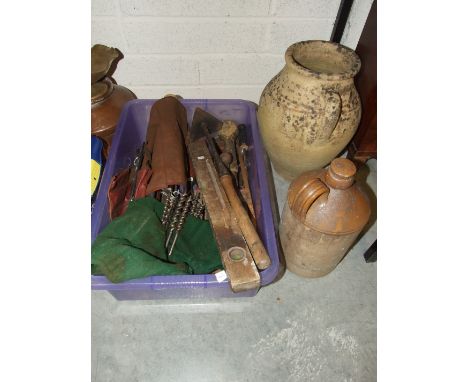 A set of augur bits, a brass and ebony parallel ruler, various tools and other items.