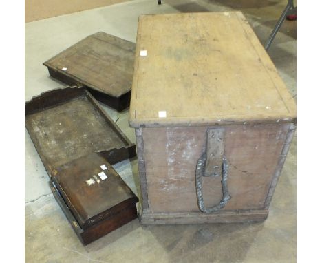 A pine rectangular tool box, 84cm, a sloping writing desk top and other items.