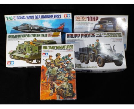 Tamiya - Five boxed 1:35 and 1:48 scale model kits of military vehicles, aircraft and figures by Tamiya. Lot includes 35048 U