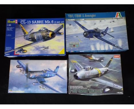 Hasegama, Academy, Revell, Italeri - Four boxed 1:48 scale model aircraft kits. Lot includes Hasegawa 09075  F4U-5N Corsair, 